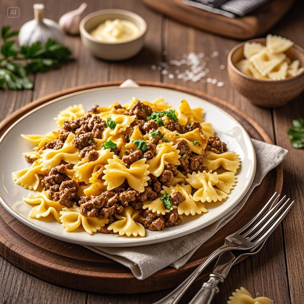 Cheesy Beef and Bowtie Pasta in Garlic Butter