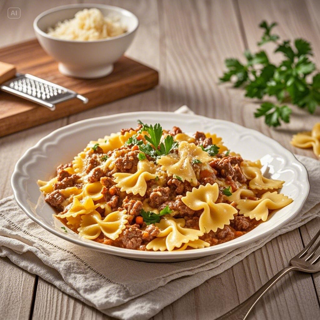 Cheesy Beef & Bowtie Pasta in Garlic Butter

